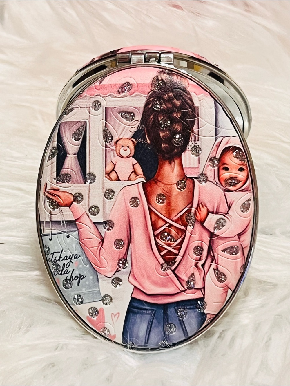Pink Mother & Child Oval Compact Mirror with Sparkle Accents